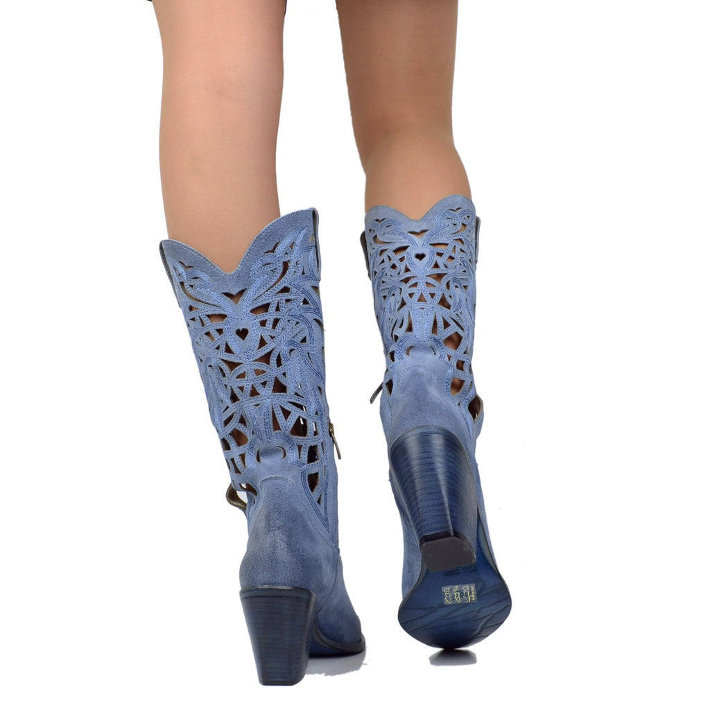 Vintage Blue Suede Cage Perforated Cowboy Boots - 5