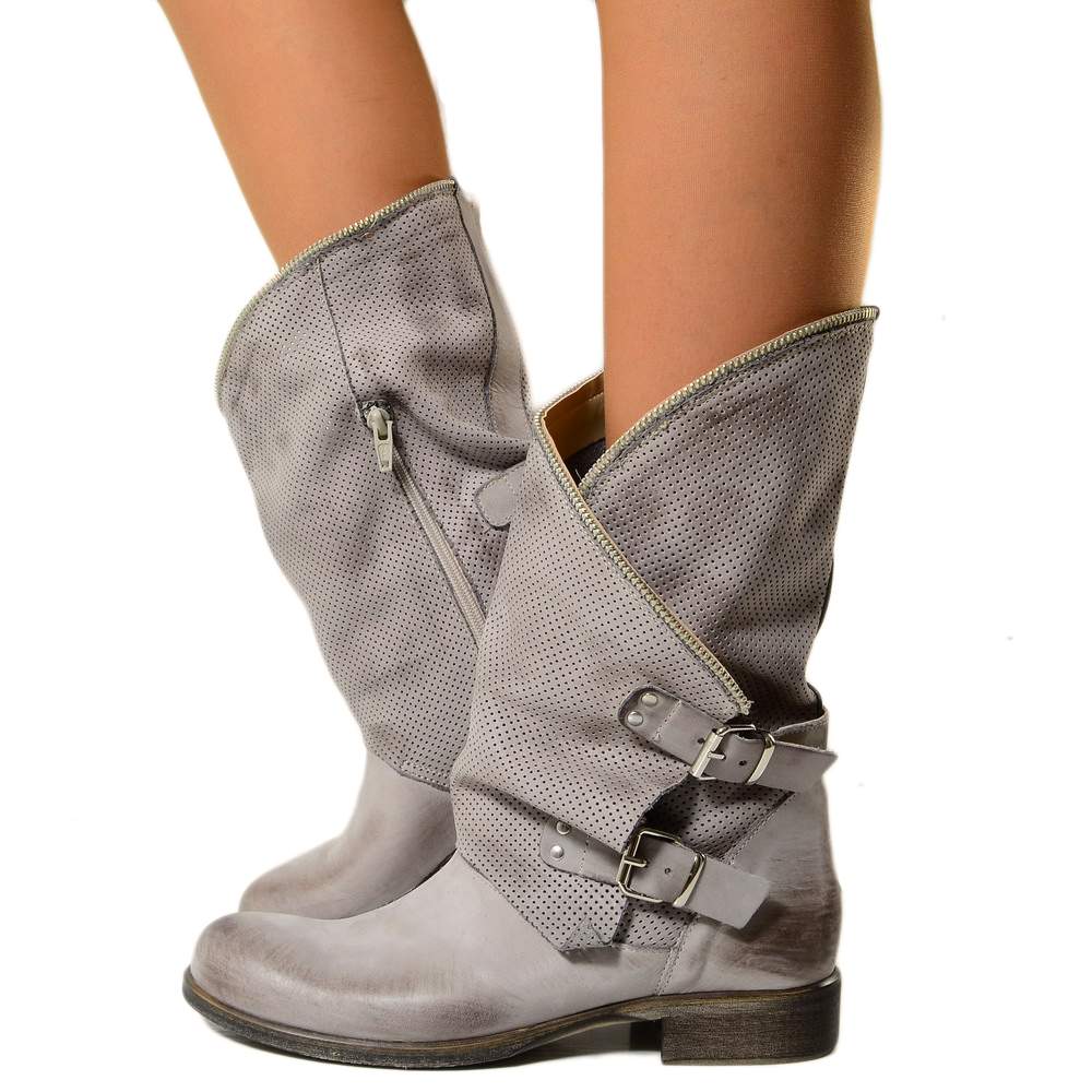 Women's Gray Perforated Biker Boots with Nubuck Leather Buckles - 2