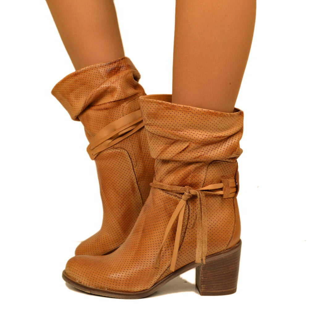 Perforated Women's Ankle Boots in Vintage Tan Leather Made in Italy
