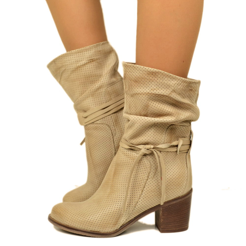 Stivaletti Donna Traforati in Pelle Vintage Taupe Made in Italy
