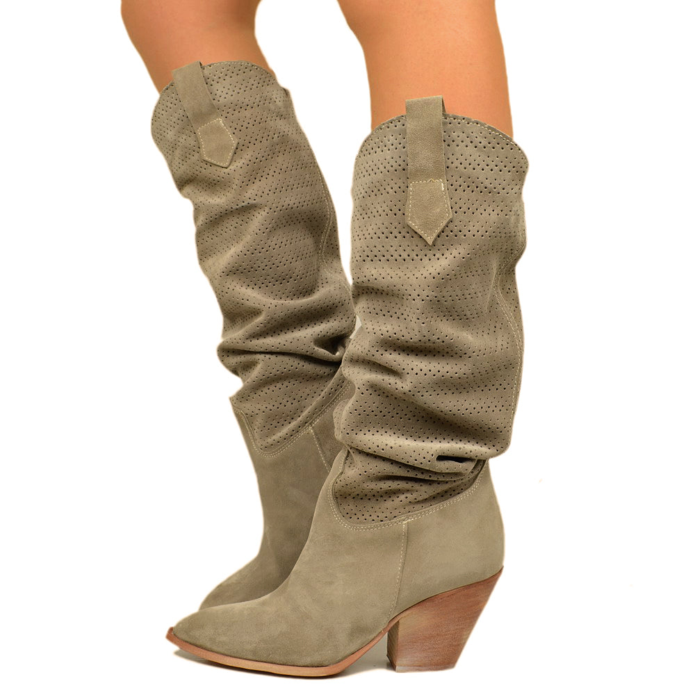 Women's Texan Boots Perforated in Taupe Suede with High Heel