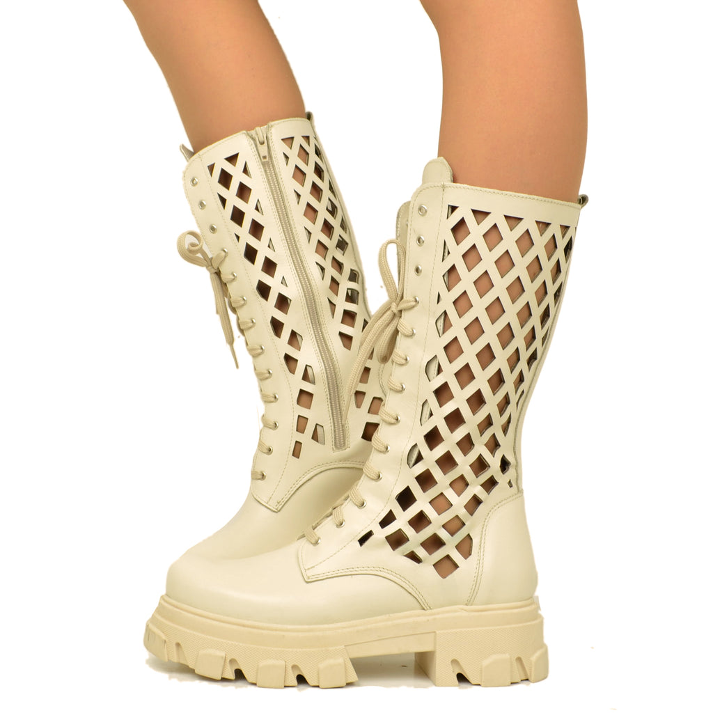 Women's Beige Perforated Amphibian Boots with Zip Made in Italy