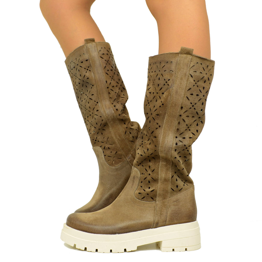 Perforated Women's Boots in Taupe Suede Leather Made in Italy