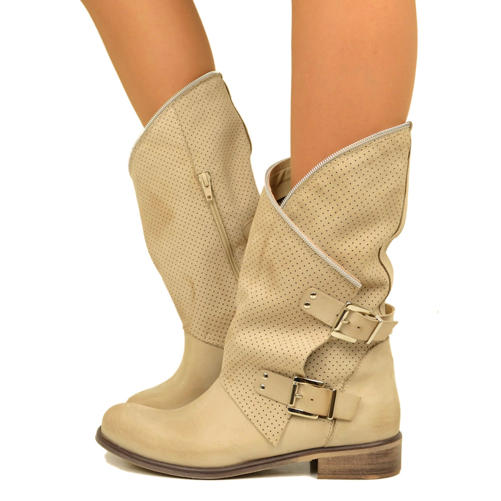 Women's Boots Taupe Perforated Biker Boots in Nubuck Leather