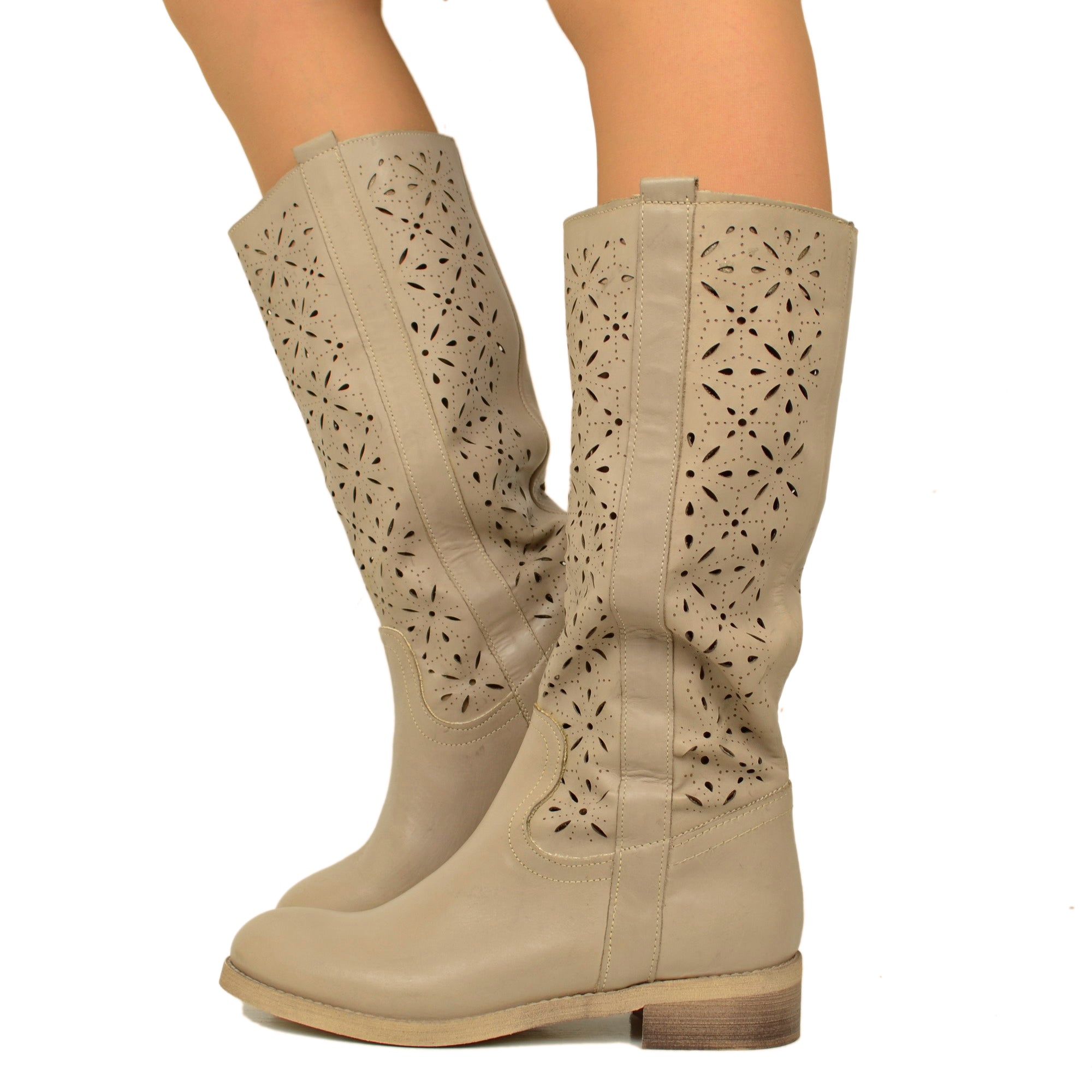 Women s Summer Boots Perforated in Taupe Leather Made in Italy
