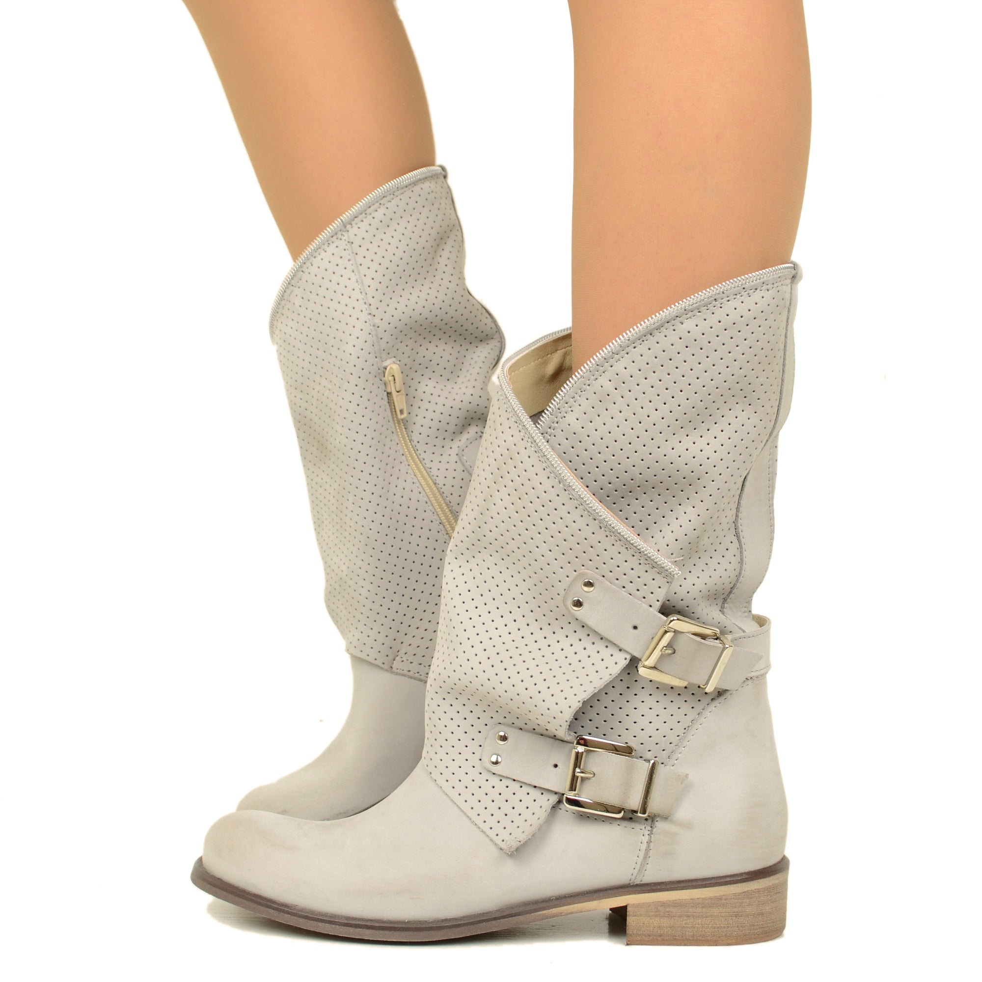 Stivali Donna Grigi Traforati Biker con Fibbie in Pelle Nabuk
