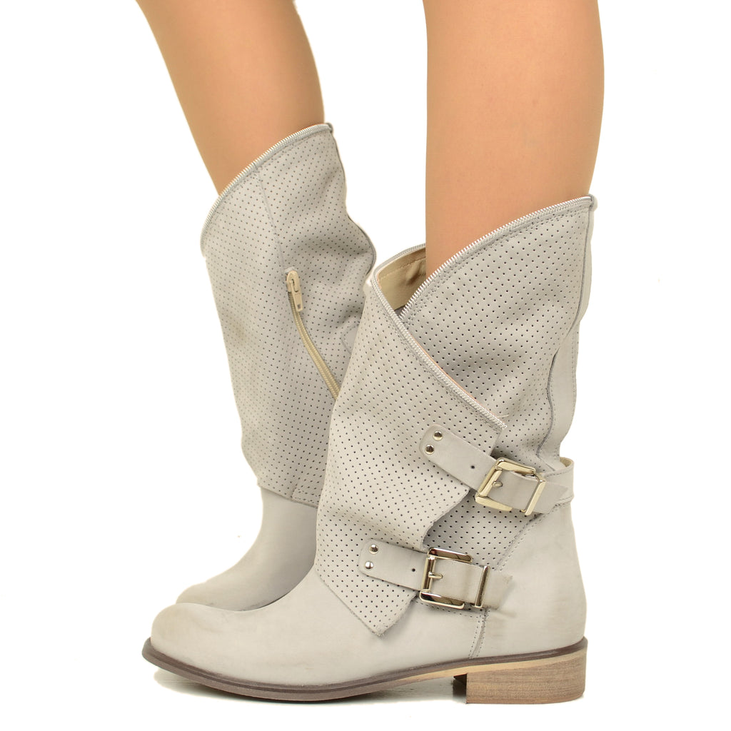 Women's Gray Perforated Biker Boots with Nubuck Leather Buckles