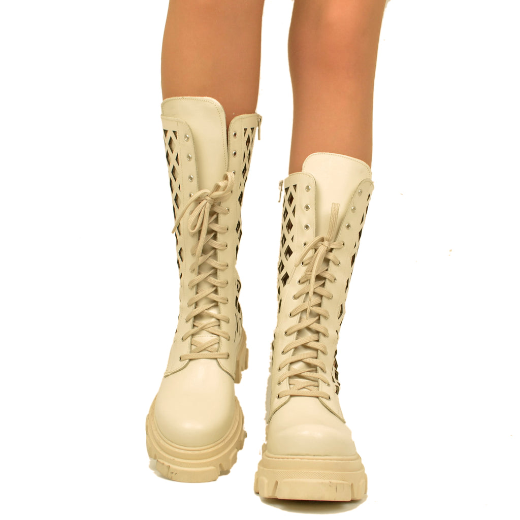 Women's Beige Perforated Amphibian Boots with Zip Made in Italy - 3