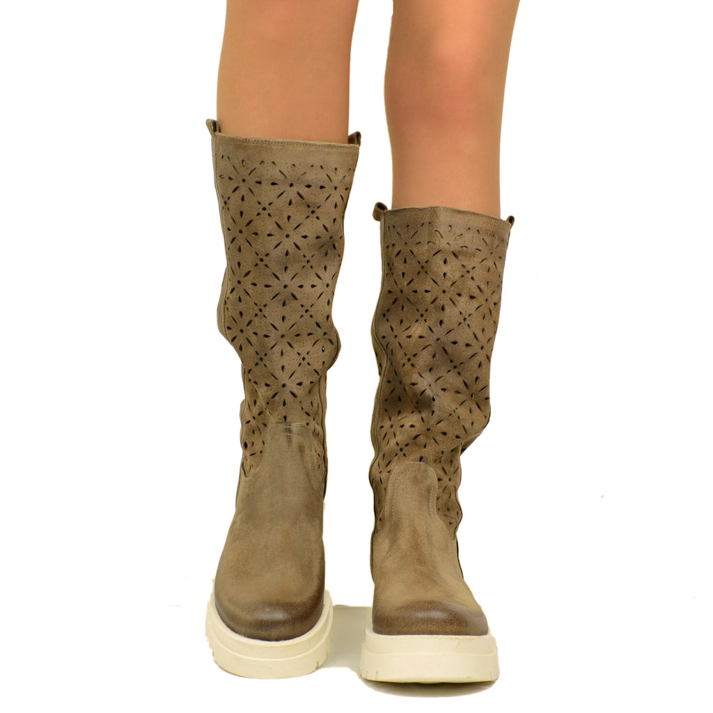 Perforated Women's Boots in Taupe Suede Leather Made in Italy - 3