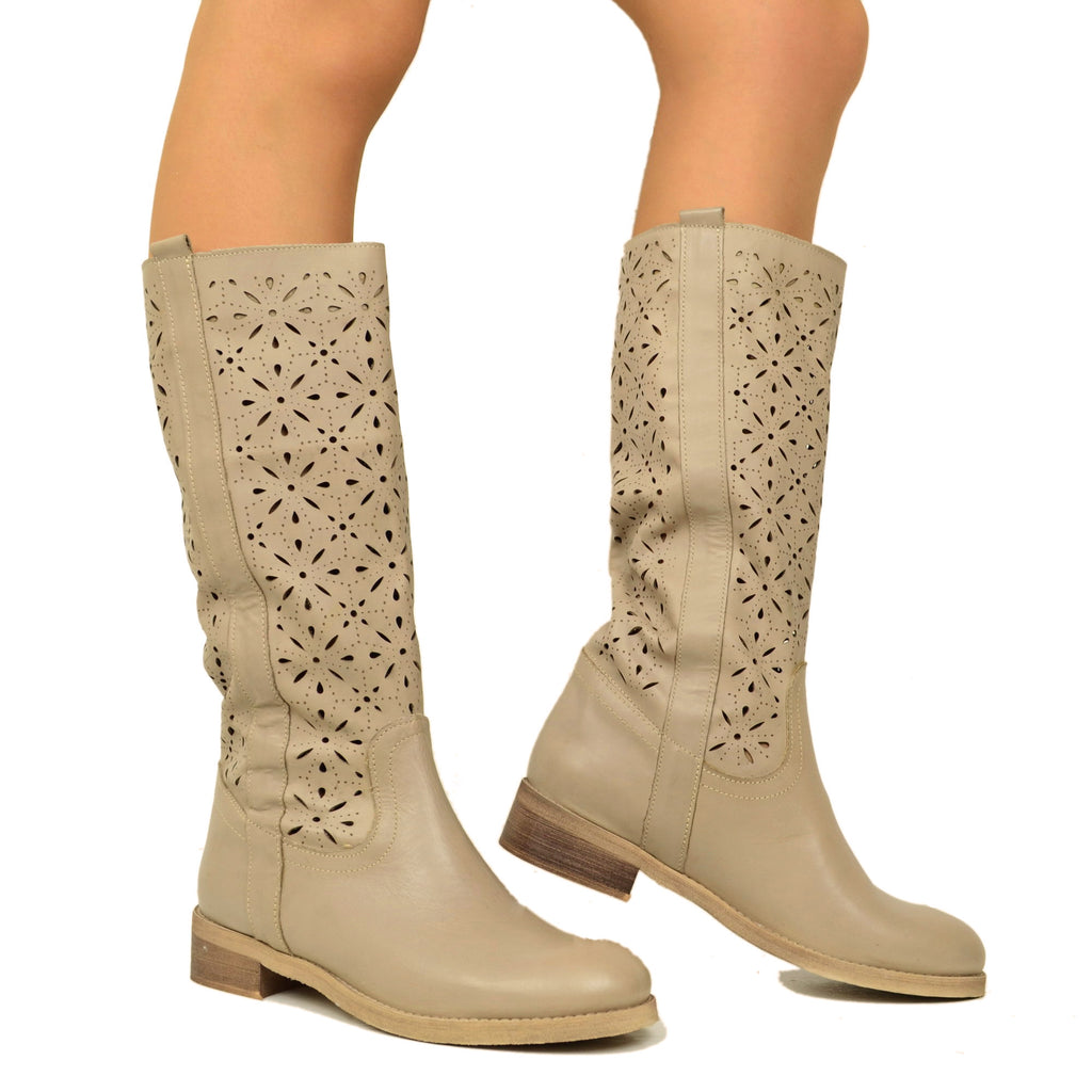 Camperos Perforated Women's Boots in Taupe Leather Made in Italy - 5