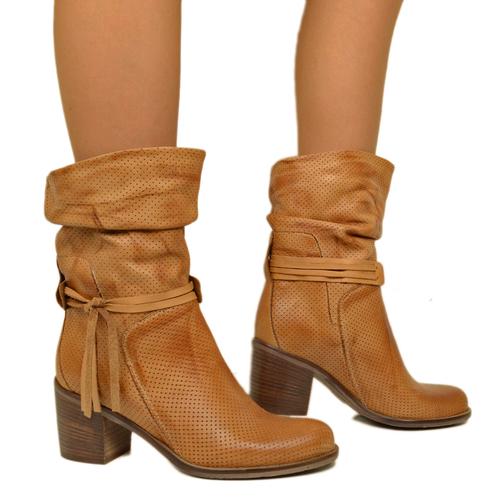 Perforated Women's Ankle Boots in Vintage Tan Leather Made in Italy - 4