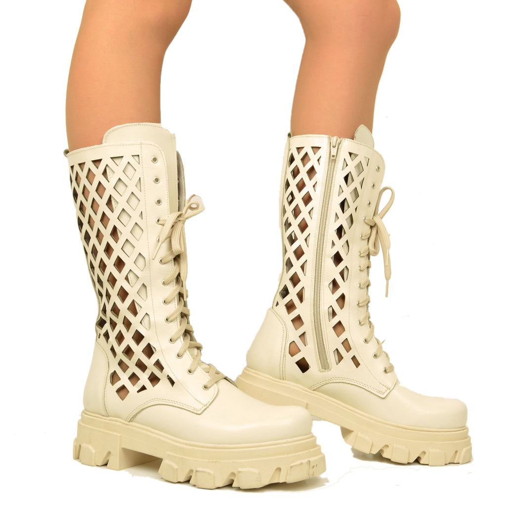 Women's Beige Perforated Amphibian Boots with Zip Made in Italy - 4