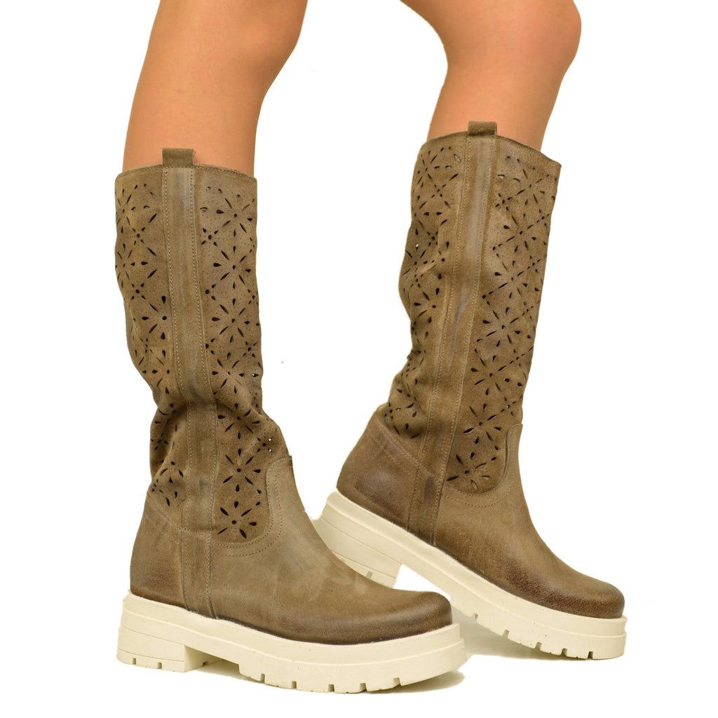 Perforated Women's Boots in Taupe Suede Leather Made in Italy - 2