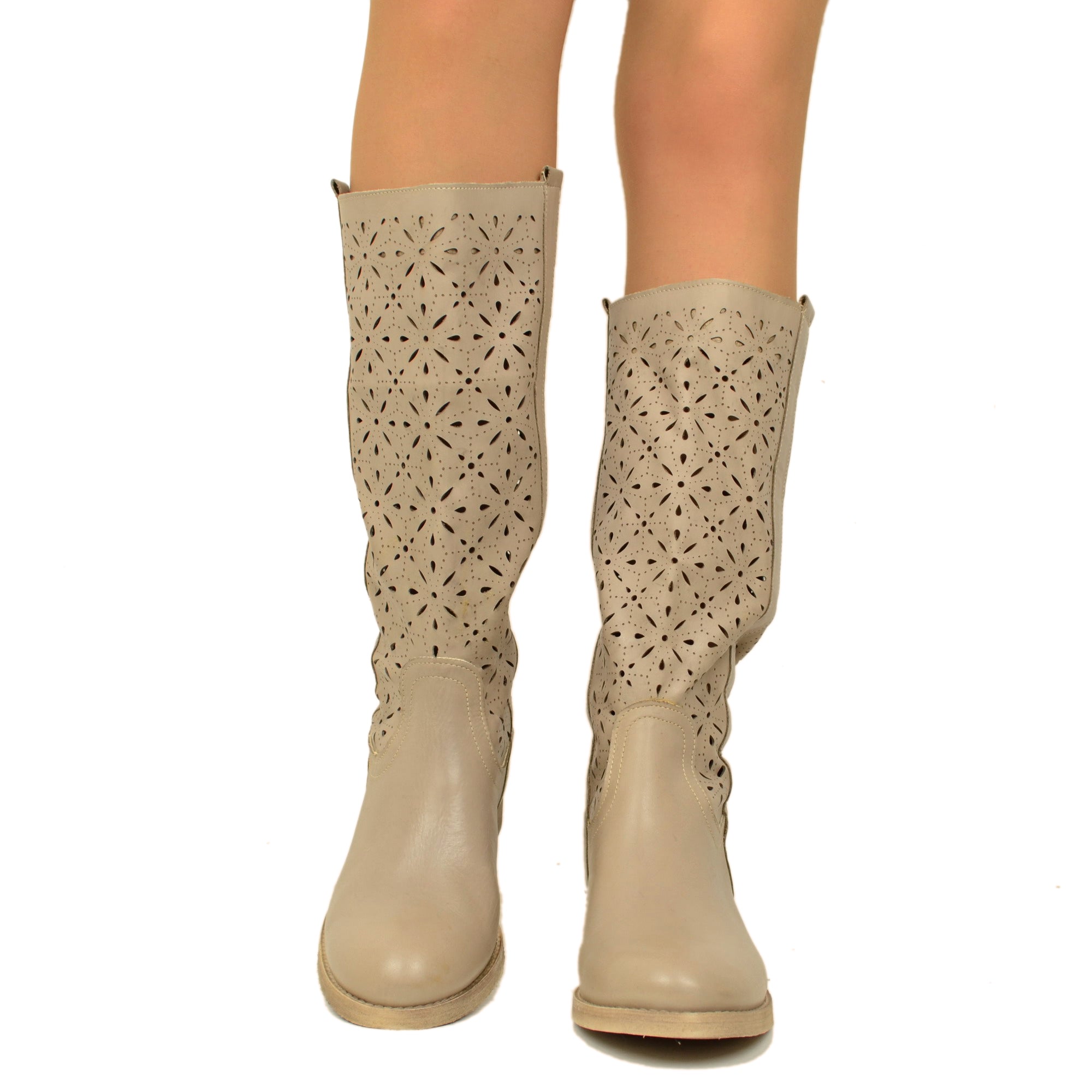 Stivali Donna Estivi Traforati in Pelle Taupe Made in Italy KikkiLine