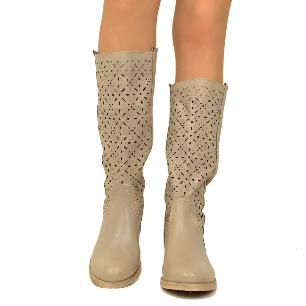 Camperos Perforated Women's Boots in Taupe Leather Made in Italy - 3