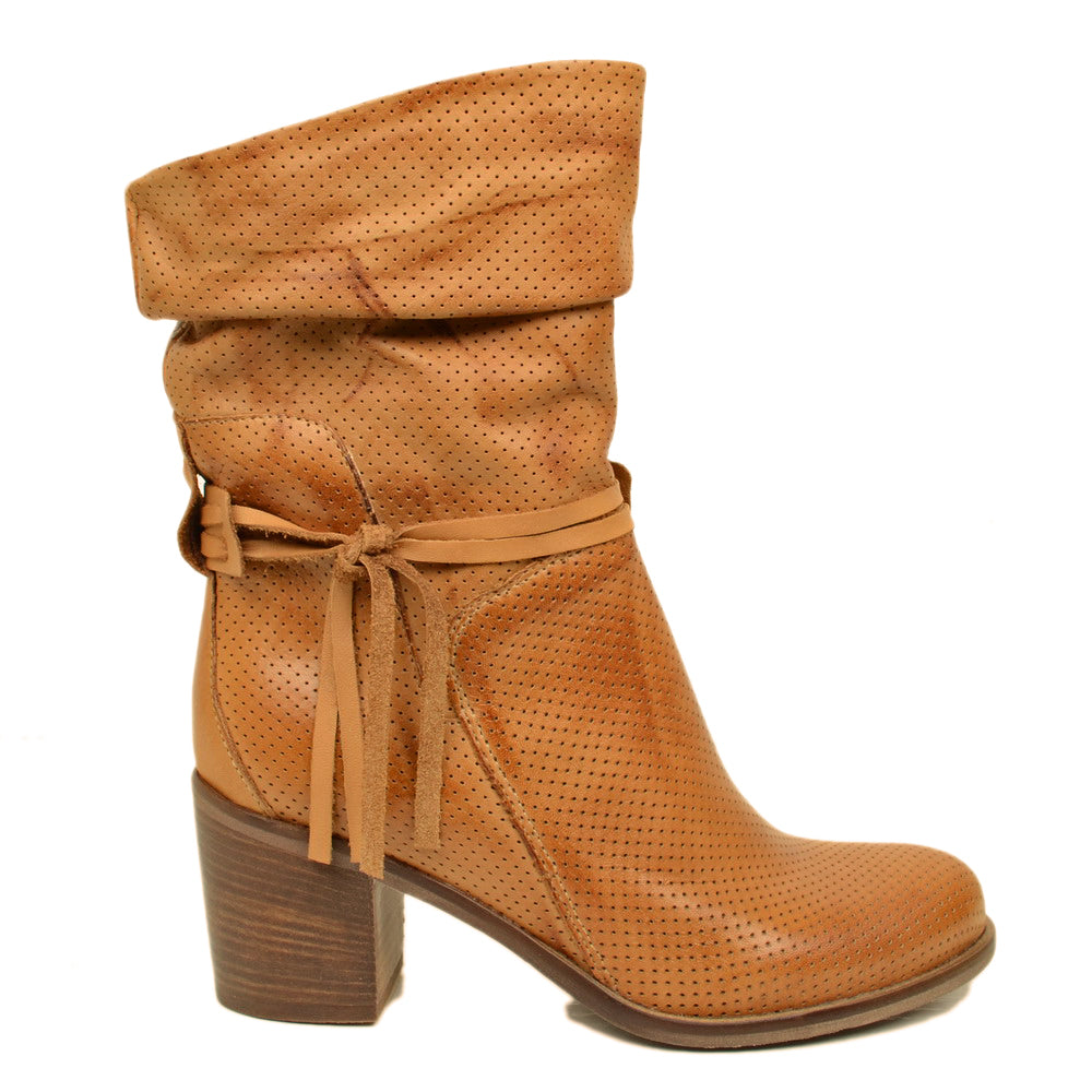Perforated Women's Ankle Boots in Vintage Tan Leather Made in Italy - 3