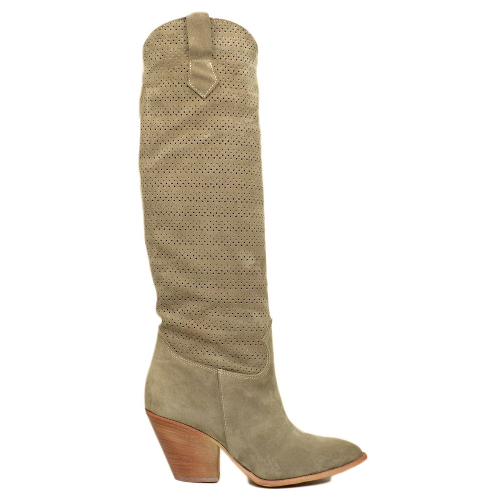 Women's Texan Boots Perforated in Taupe Suede with High Heel - 5
