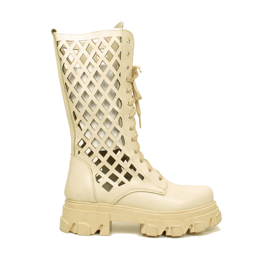 Women's Beige Perforated Amphibian Boots with Zip Made in Italy - 2