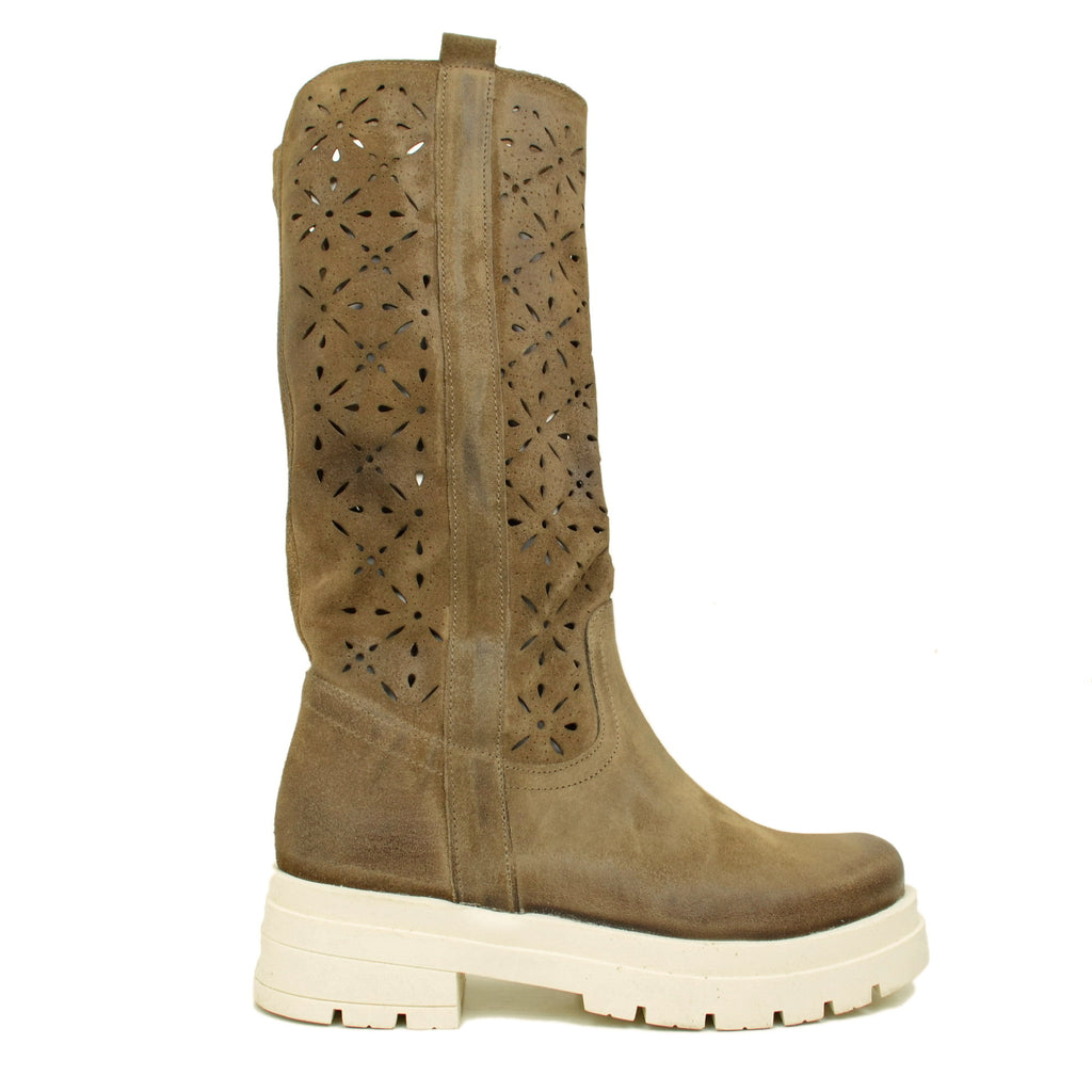Perforated Women's Boots in Taupe Suede Leather Made in Italy - 4