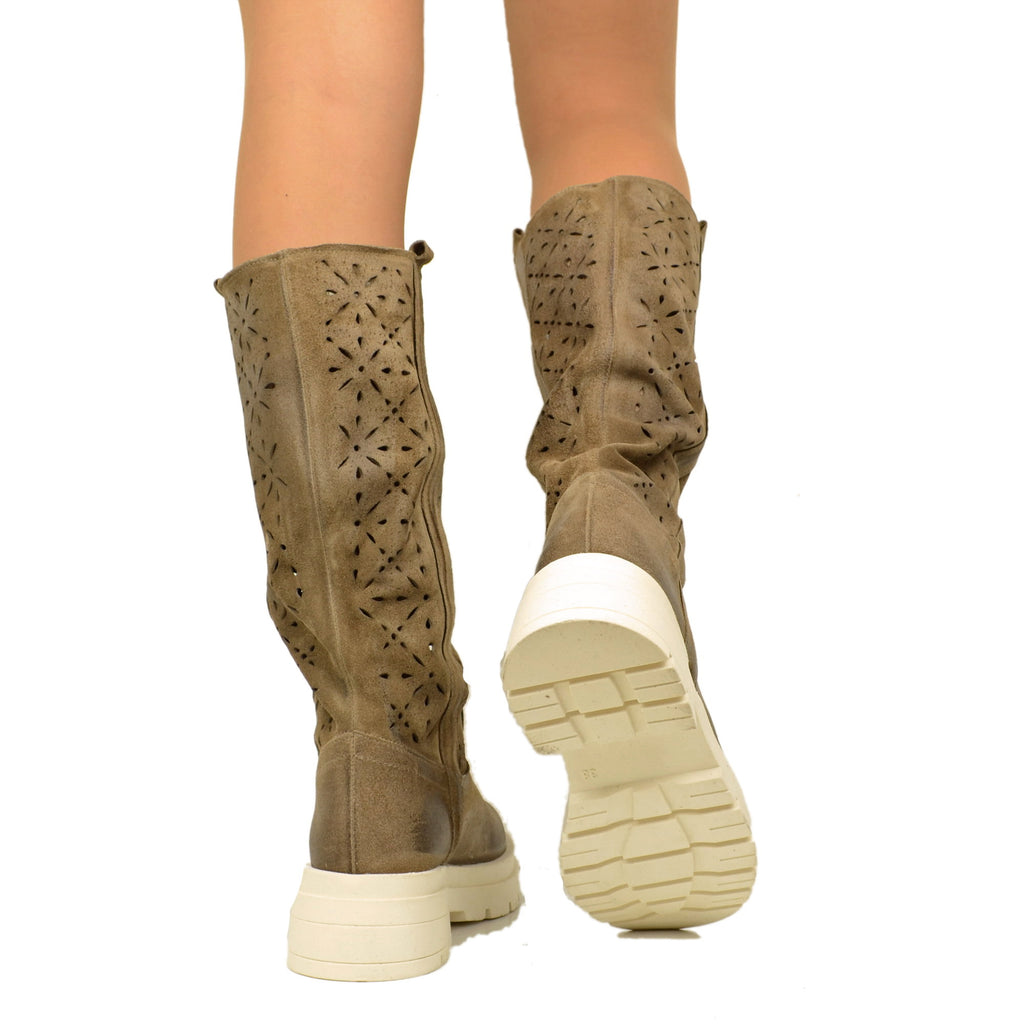 Perforated Women's Boots in Taupe Suede Leather Made in Italy - 5