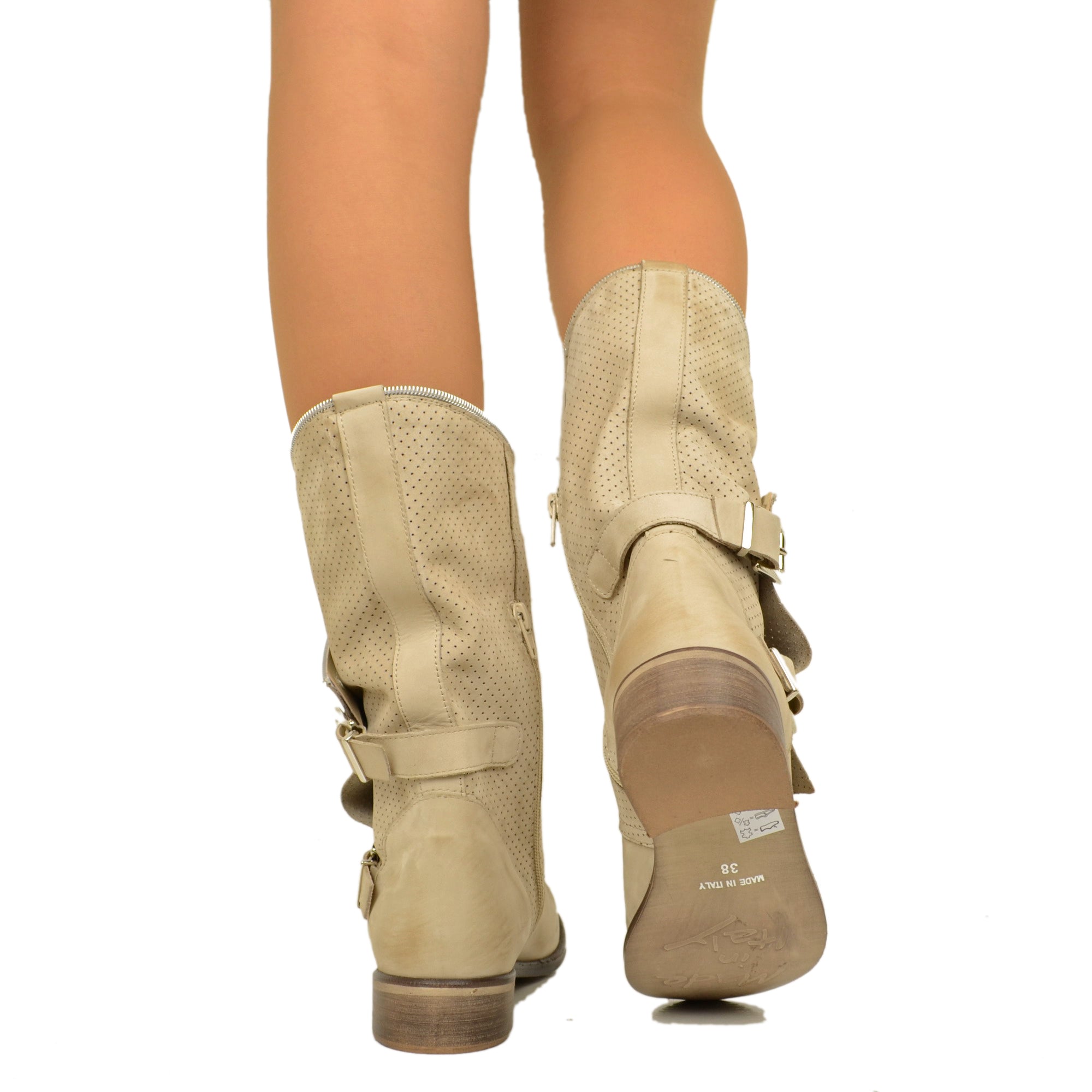 Biker Boots Taupe Perforated Leather Boots Made in Italy