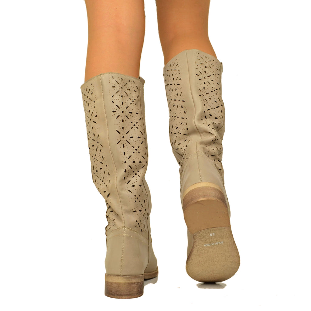 Camperos Perforated Women's Boots in Taupe Leather Made in Italy - 4