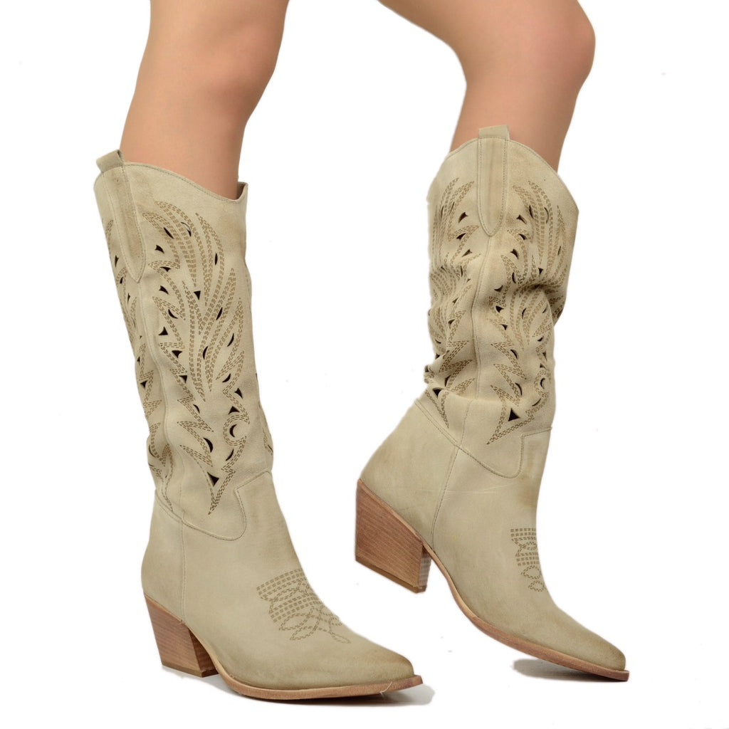 Stivali Texani Traforati Estivi in Pelle Scamosciata Beige - 3