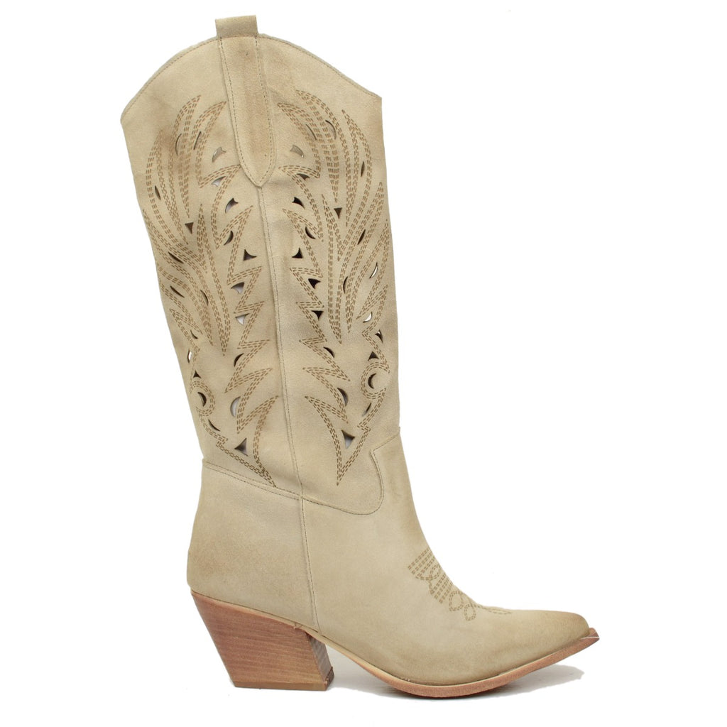 Stivali Texani Traforati Estivi in Pelle Scamosciata Beige - 4