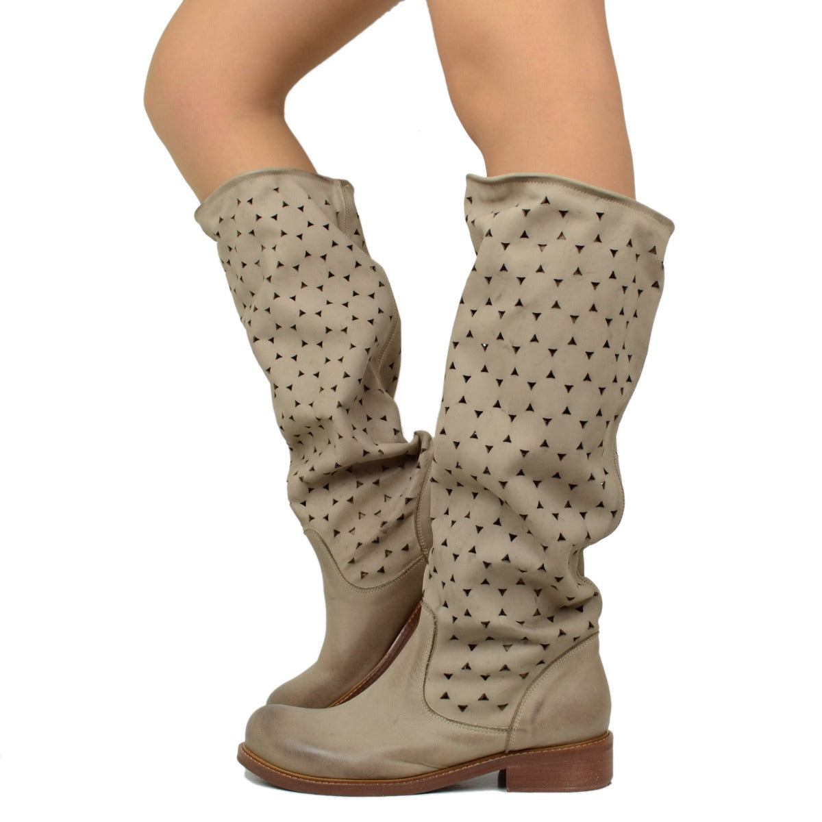 Stivali Donna Estivi in Pelle Traforata Taupe Vintage Sfumata