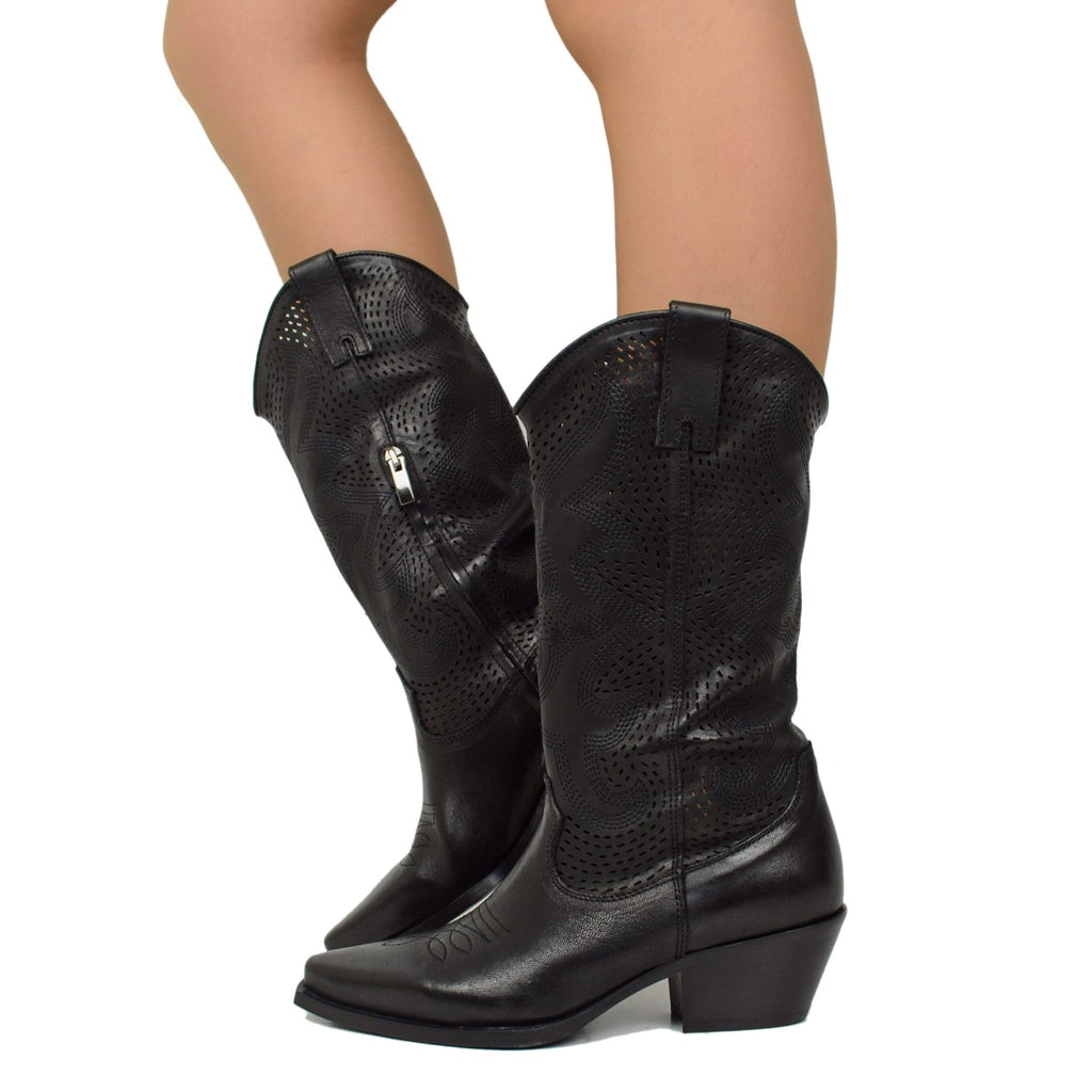 Black Leather Perforated Texan Boots with Zip Made in Italy