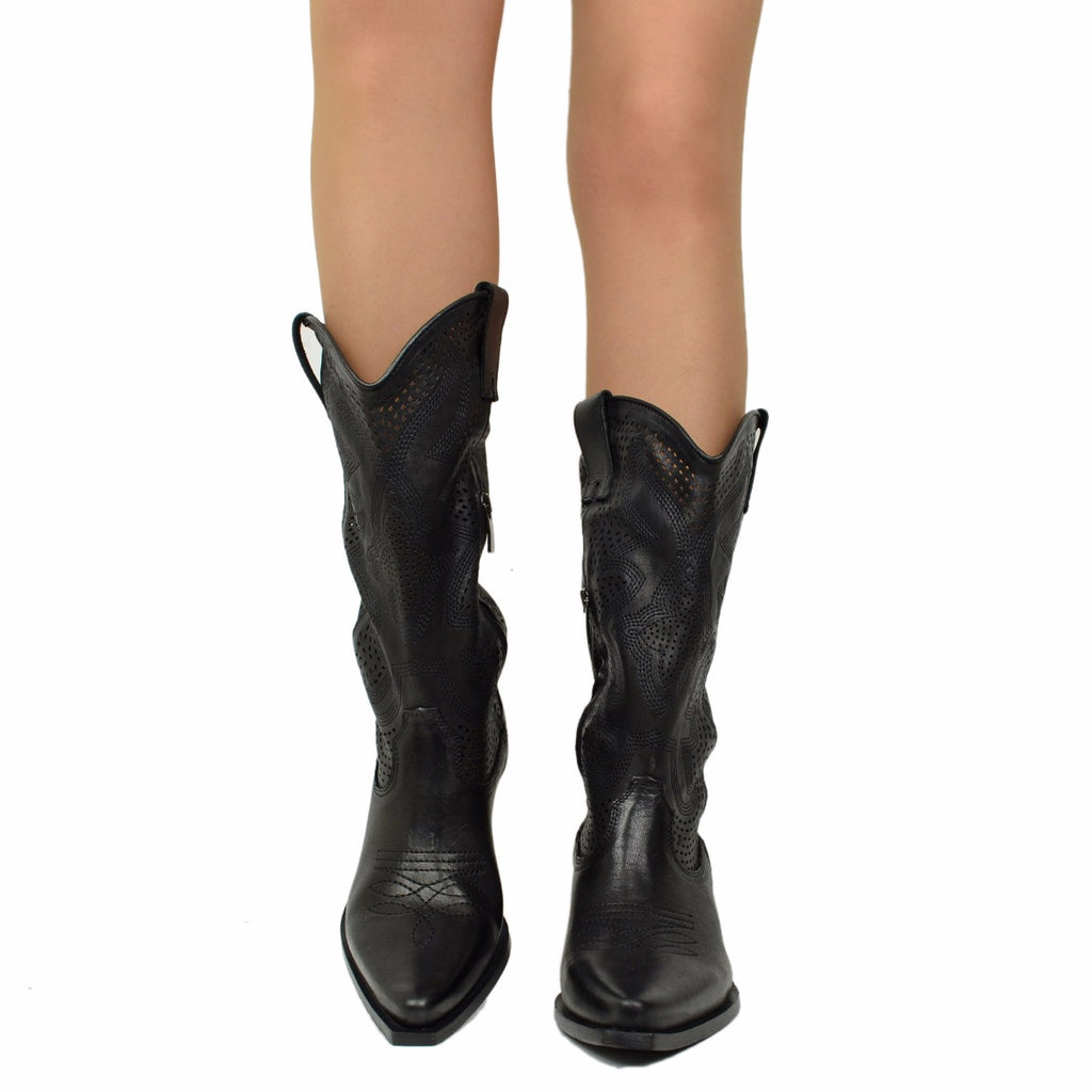 Black Leather Perforated Texan Boots with Zip Made in Italy - 3