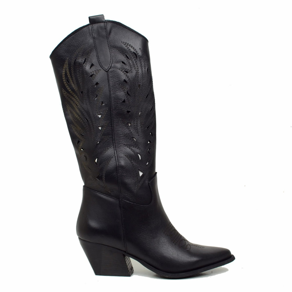 Black Perforated Summer Texan Boots in Leather Made in Italy - 2