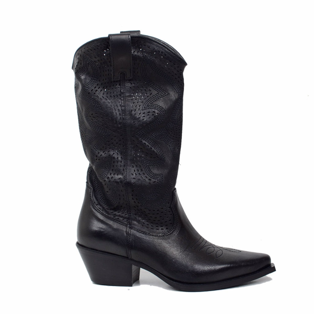 Black Leather Perforated Texan Boots with Zip Made in Italy - 2