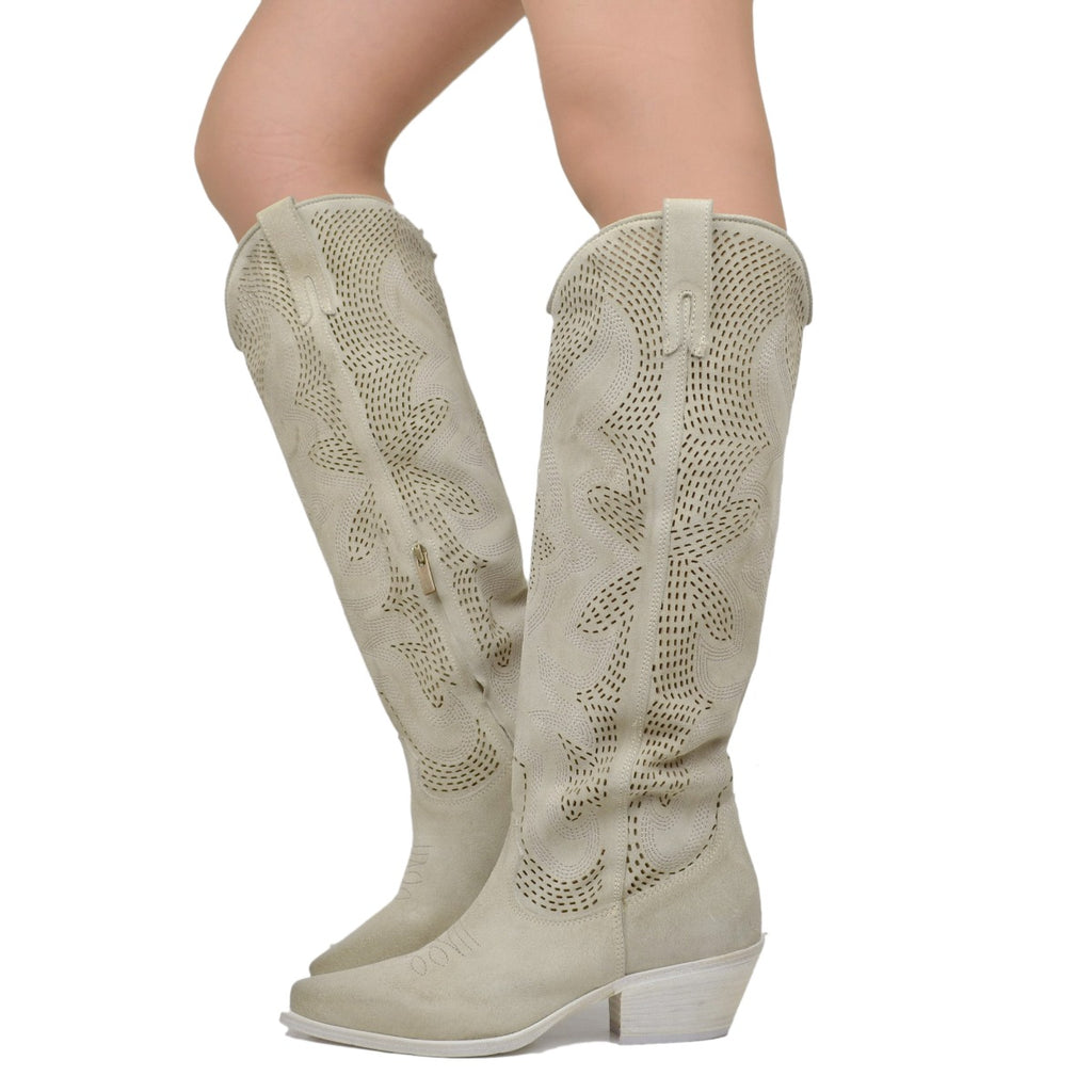 Perforated Texan Boots in Beige Suede Leather Made in Italy