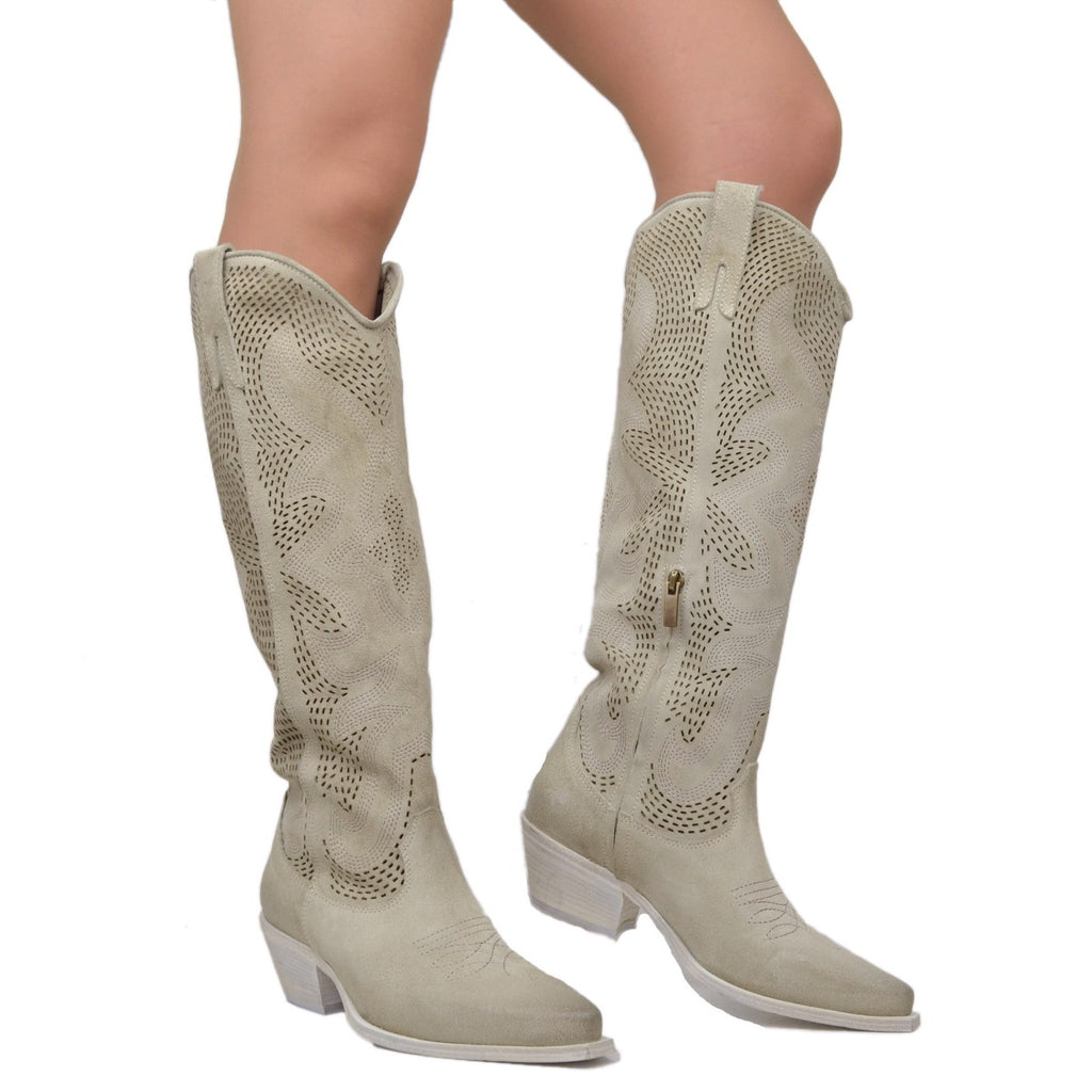 Perforated Texan Boots in Beige Suede Leather Made in Italy - 4