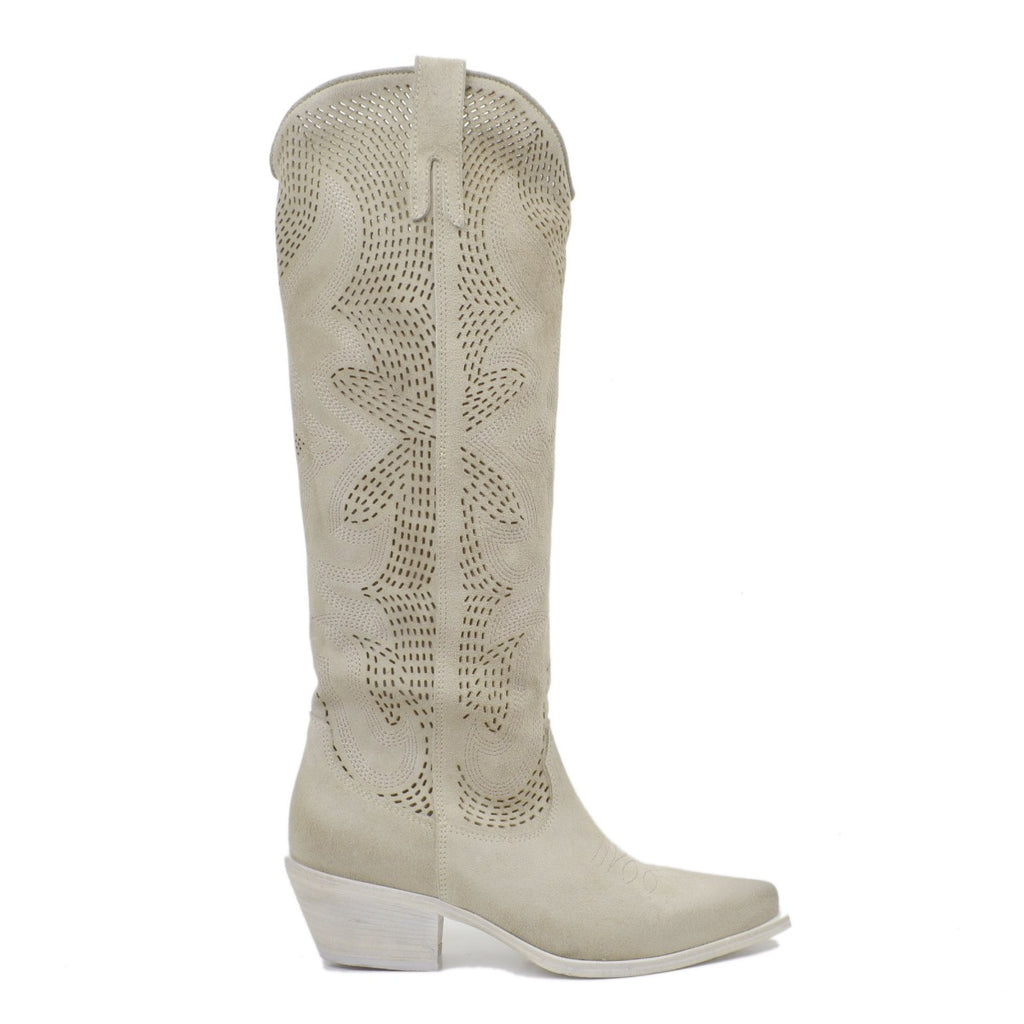 Perforated Texan Boots in Beige Suede Leather Made in Italy - 2