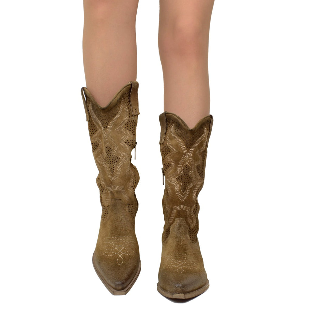 Taupe Suede Leather Perforated Cowboy Boots with Zip - 4