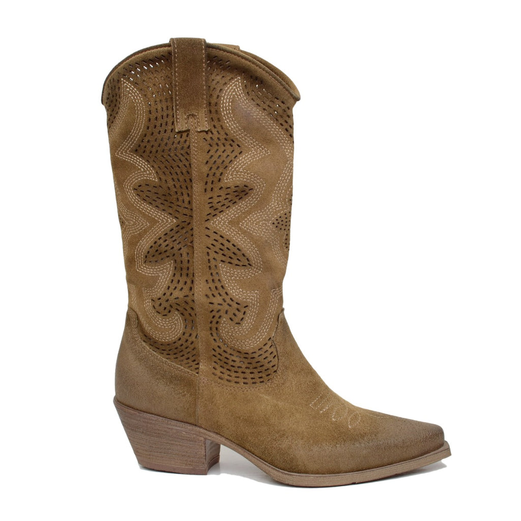 Taupe Suede Leather Perforated Cowboy Boots with Zip - 2