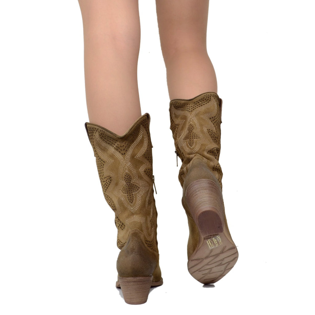 Taupe Suede Leather Perforated Cowboy Boots with Zip - 5