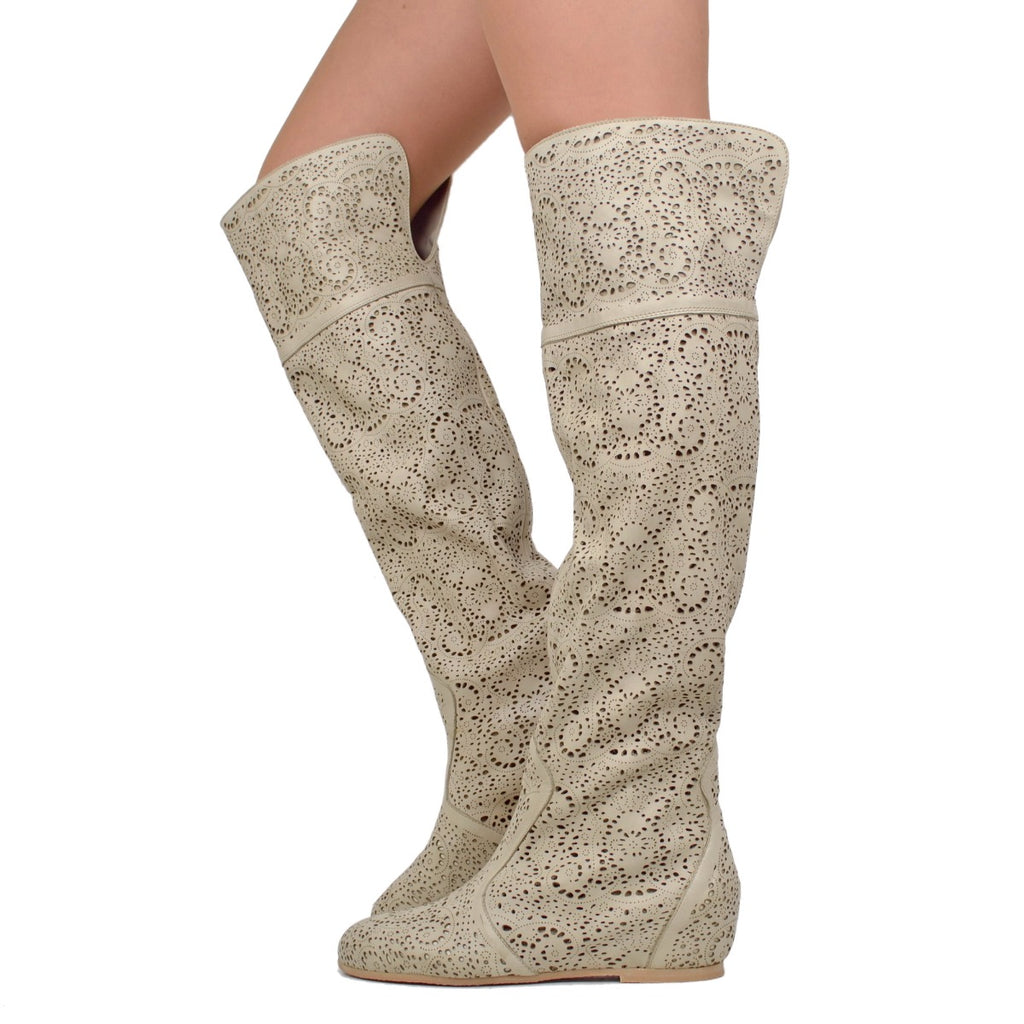 Beige Leather Perforated Knee High Cuissardes Boots