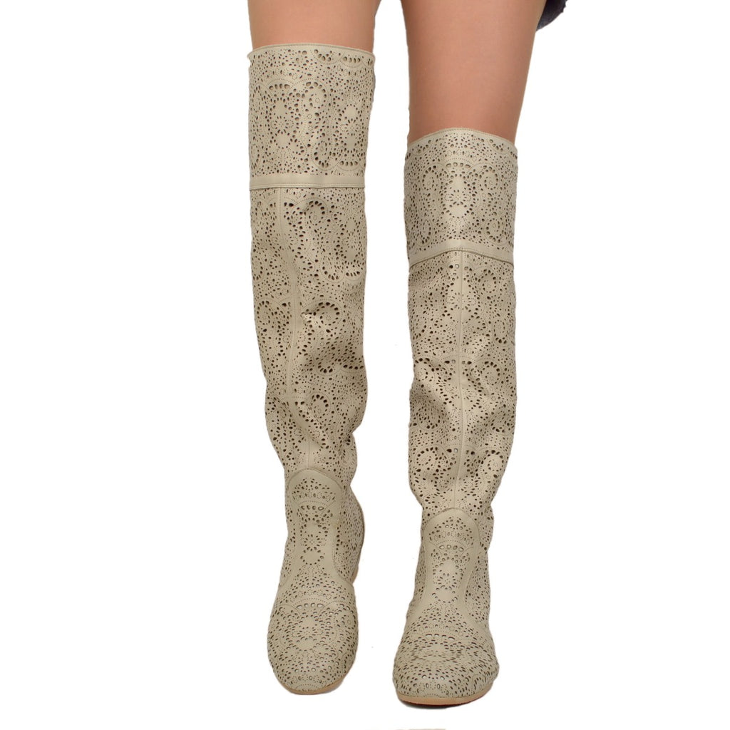 Beige Leather Perforated Knee High Cuissardes Boots - 2