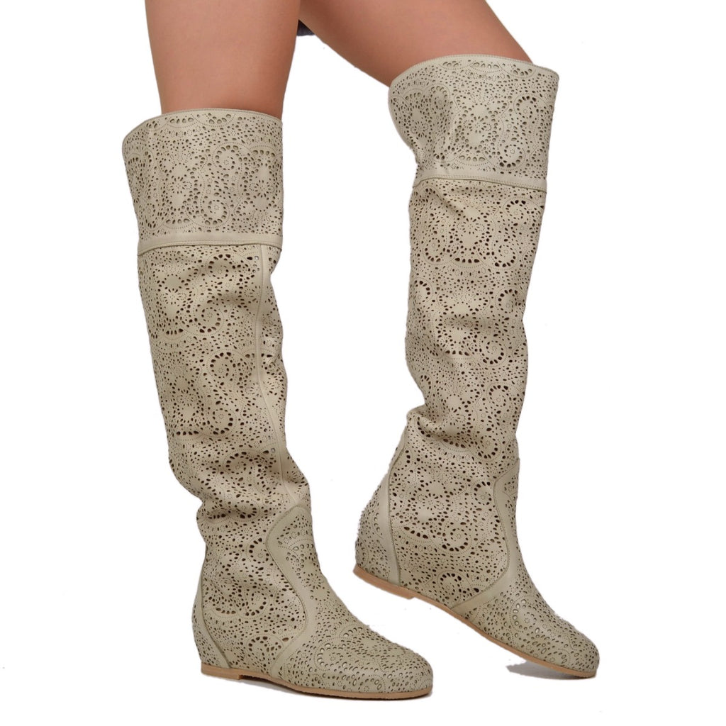 Beige Leather Perforated Knee High Cuissardes Boots - 3