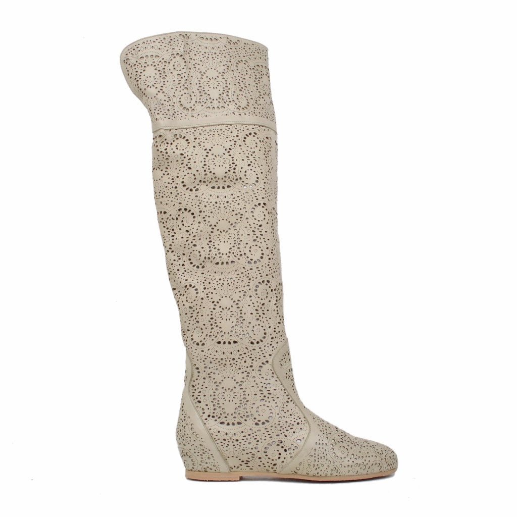 Beige Leather Perforated Knee High Cuissardes Boots - 4