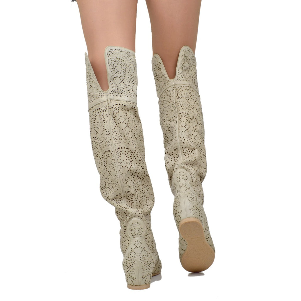 Beige Leather Perforated Knee High Cuissardes Boots - 5
