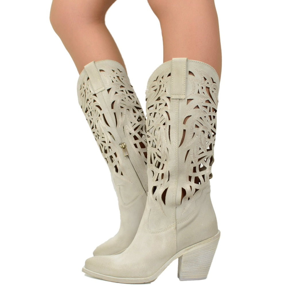 Vintage Offwhite Suede Perforated Summer Texan Boots