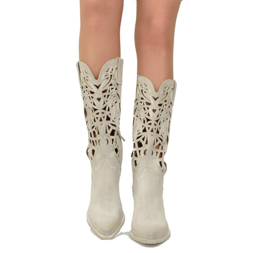 Vintage Offwhite Suede Perforated Summer Texan Boots - 3