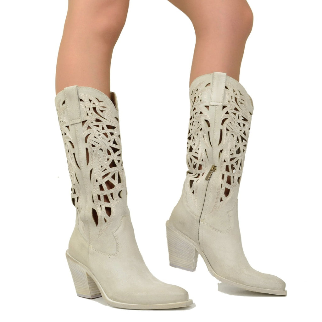 Vintage Offwhite Suede Perforated Summer Texan Boots - 4