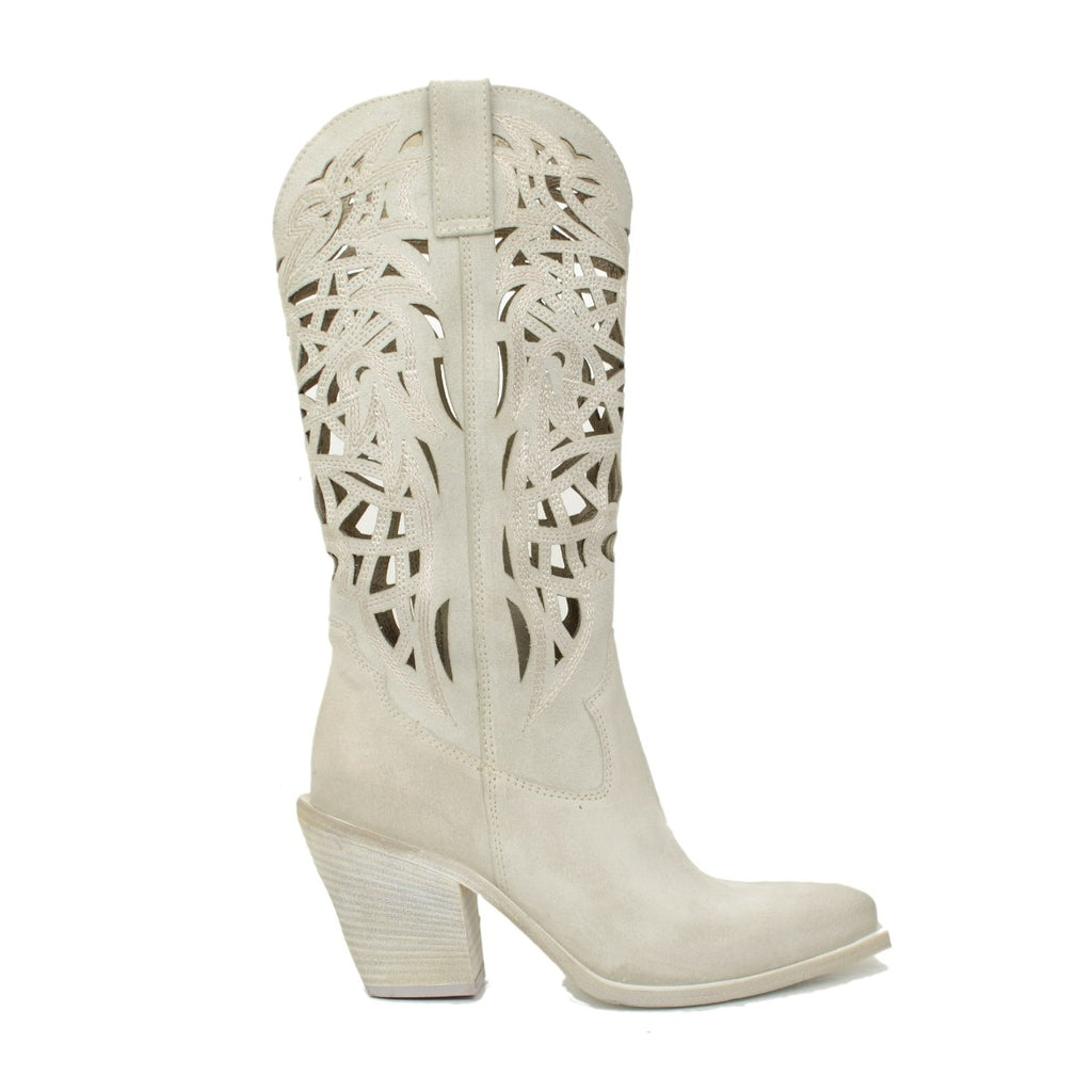 Vintage Offwhite Suede Perforated Summer Texan Boots - 2