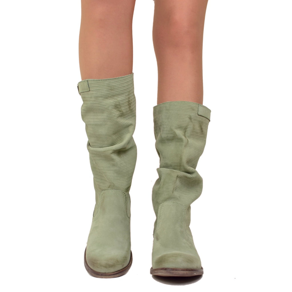 Soft Women's Boots Knurled Leg Vintage Mint Leather - 4