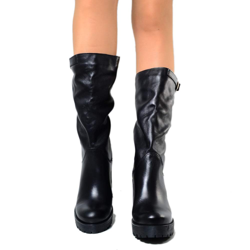 Women's Black Leather Boots with Heel Made in Italy - 4